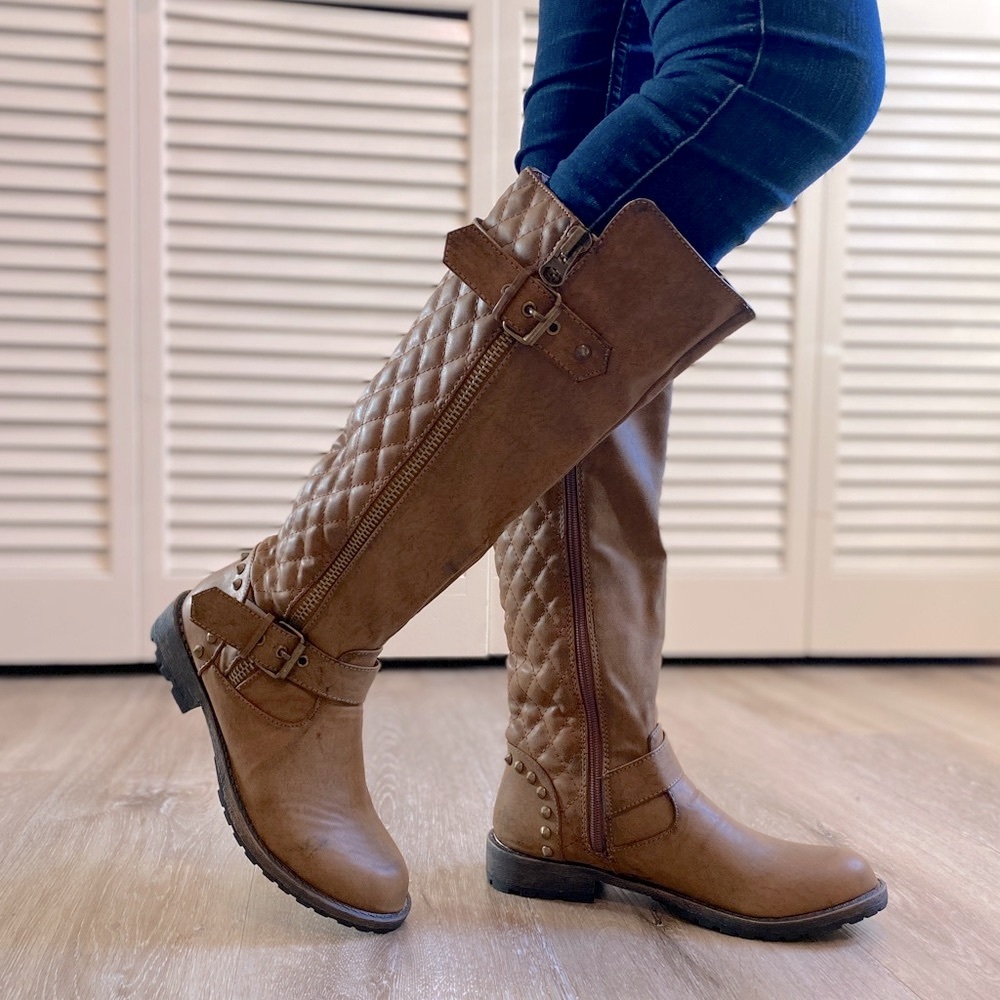 NIB Studded Tan Vegan Leather Quilted Riding Boots